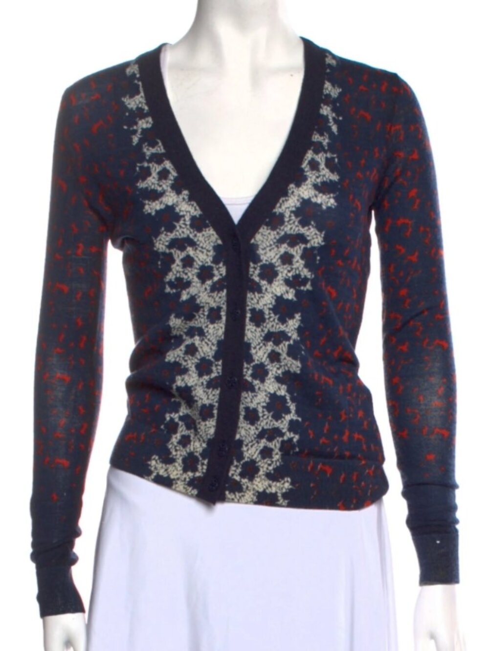 Tory Burch Navy White & Red Wool Brady Cardigan Logo Buttons XS $350